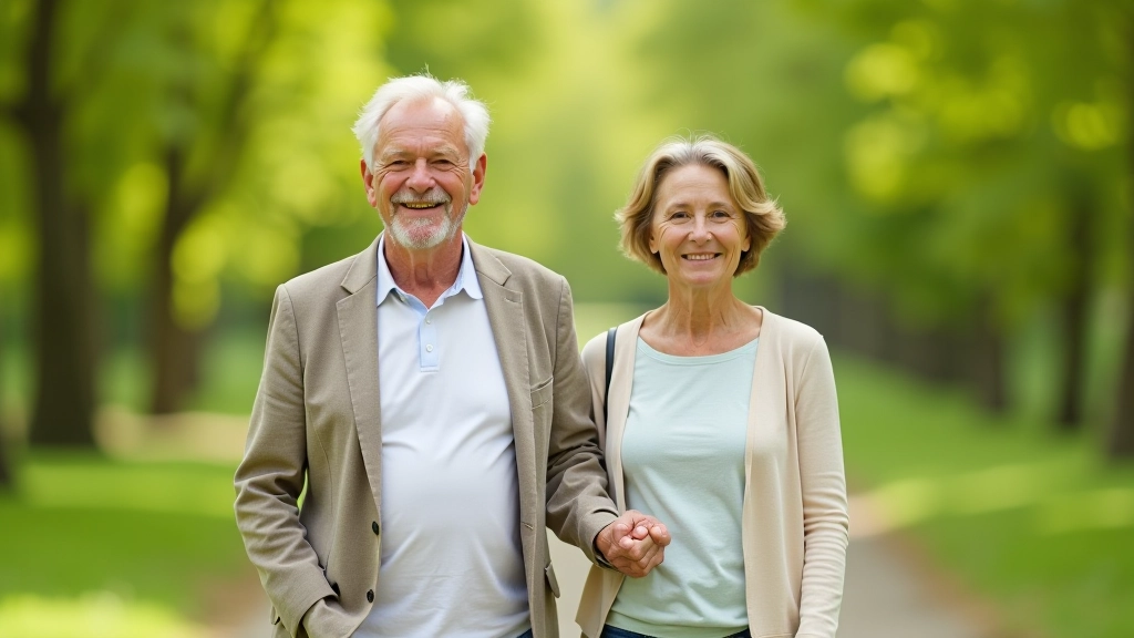 Older couple walking together in a park, smiling, trees and nature in background, peaceful setting