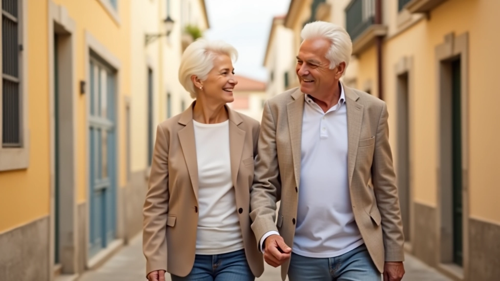 Two people walking together through a Portuguese street with colorful buildings, engaged in conversation, relaxed posture