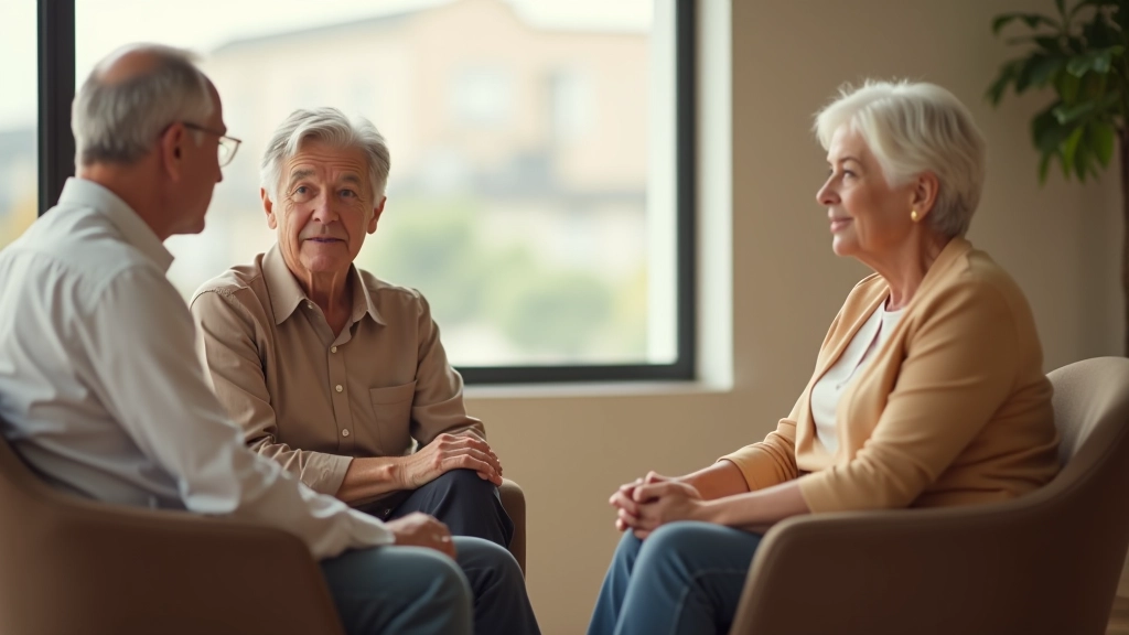 Mature adults in a casual group discussion during a pre-retirement coaching session in a bright, modern Portuguese studio space