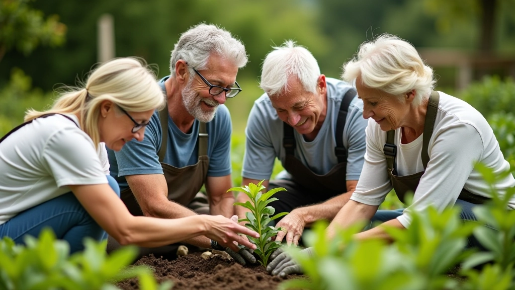 Group of diverse volunteers working together in a community garden, planting seedlings, natural light, collaborative atmosphere