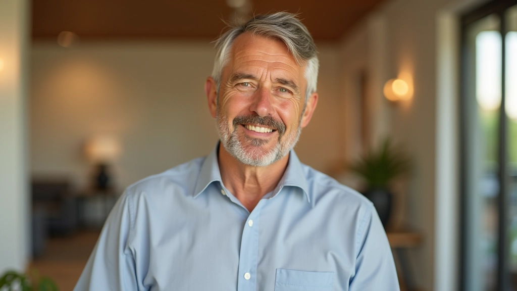 Professional man in his early sixties, portrait shot from chest up, calm expression, sitting in a modern bright space, natural lighting