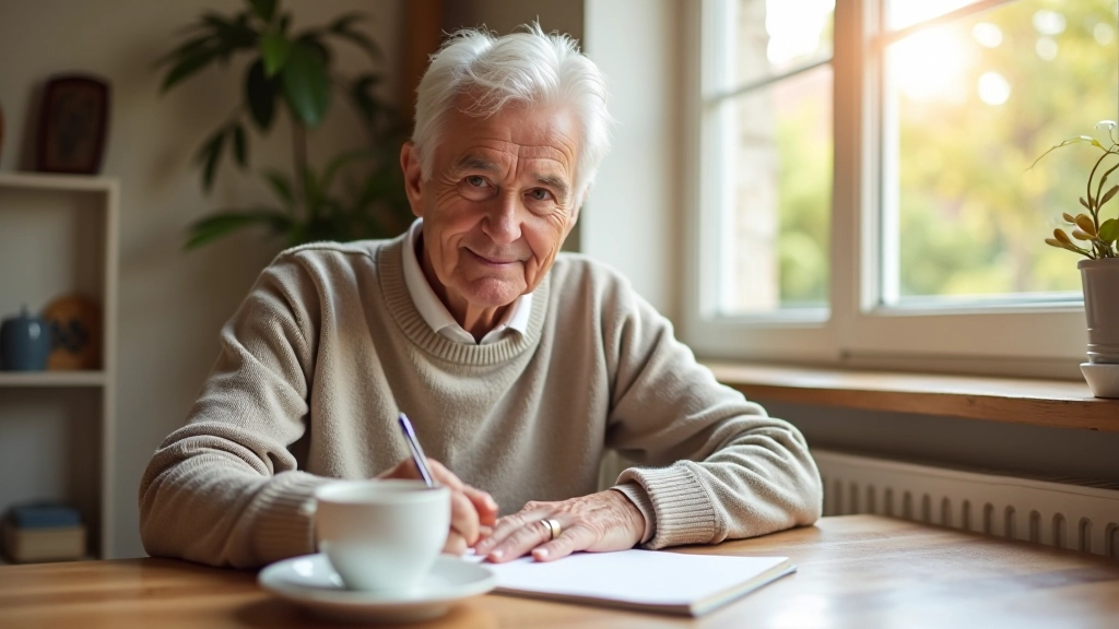 Person writing in a journal at a wooden table with morning coffee, thoughtful expression, natural window light