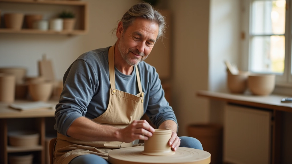 Person at a pottery wheel creating ceramics in a bright studio workshop, focused expression, hands at work