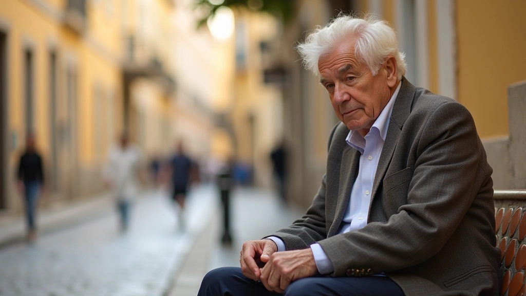 Person sitting on a Portuguese tile bench overlooking city street, contemplative pose, warm afternoon light, sharp focus
