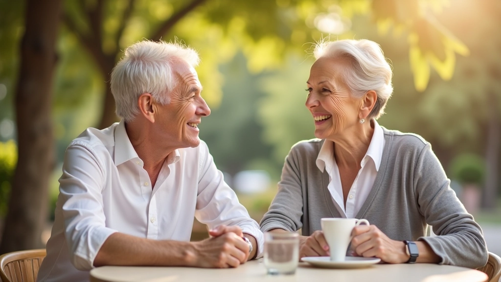 Two people in conversation at a café table, smiling and engaged, natural outdoor setting with warm light