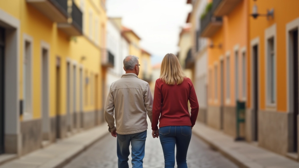 Two people walking together through a Portuguese street with colorful buildings, engaged in conversation, relaxed posture