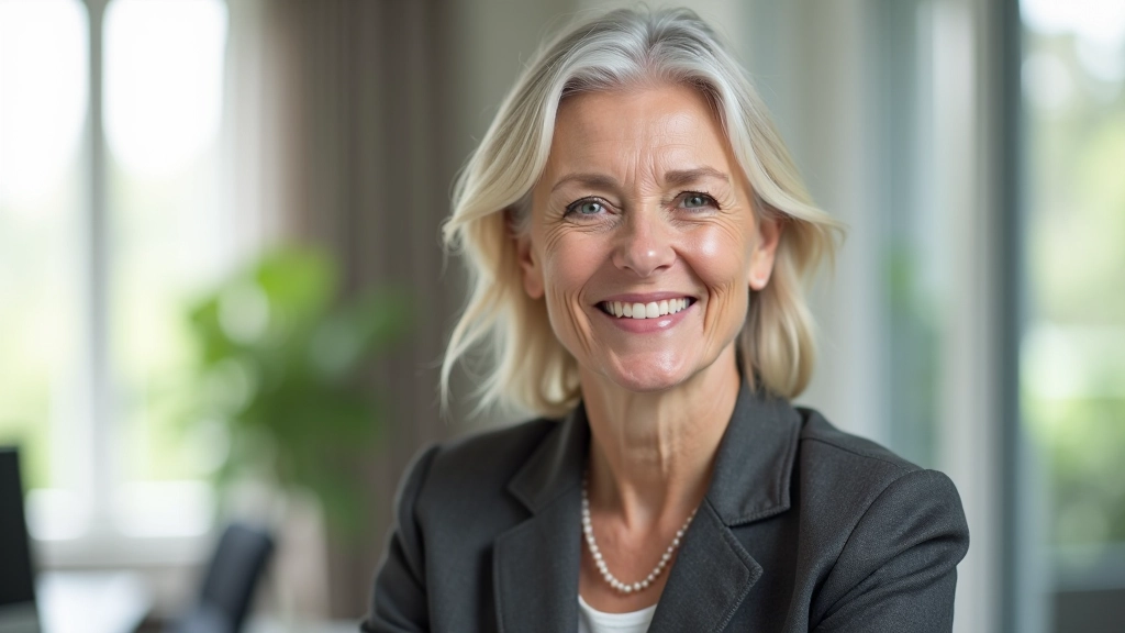 Woman in her late fifties, portrait shot from chest up, warm smile, relaxed expression, natural window light, professional setting