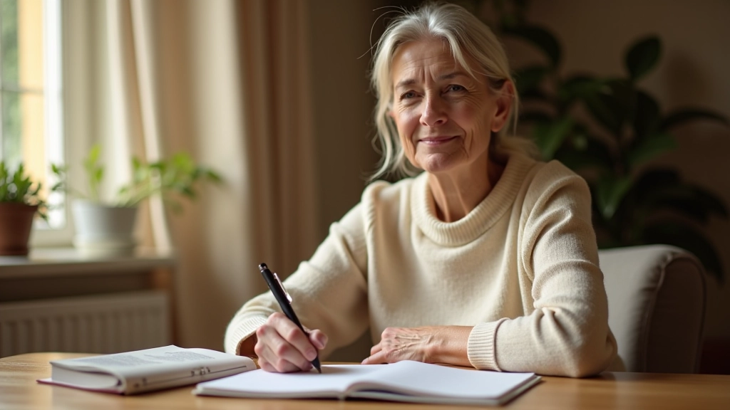 Woman in her late 50s seated at a wooden desk, writing in a journal, warm natural light from a window, thoughtful expression, home office setting